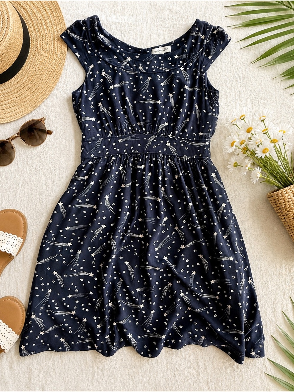 Emily and Fin Navy Shooting Star Print Fit & Flare Dress L UK14 EU42